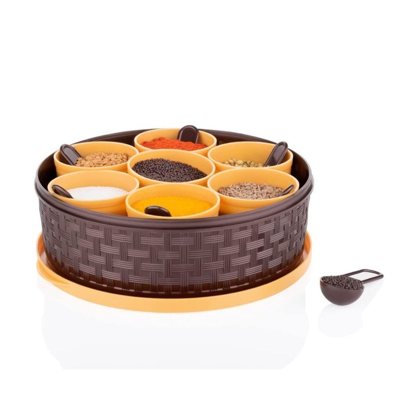Plastic Round Masala Box with 7 Removable Containers | Brown & Cream