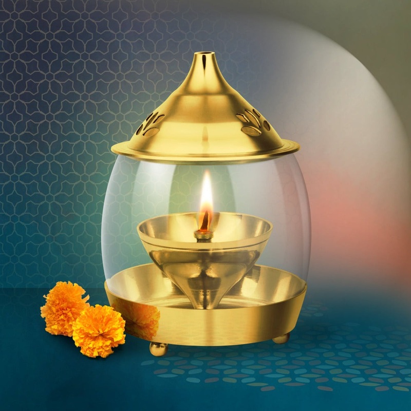 Treo Brass Arpan Diya with Borosilicate Glass Cover | Golden | 1 Pc
