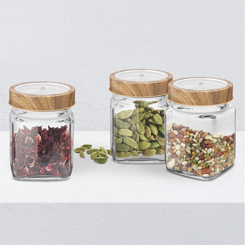 Treo Woody Cube 180 ML Storage Glass Jar | Set of 3 and 6 Pcs
