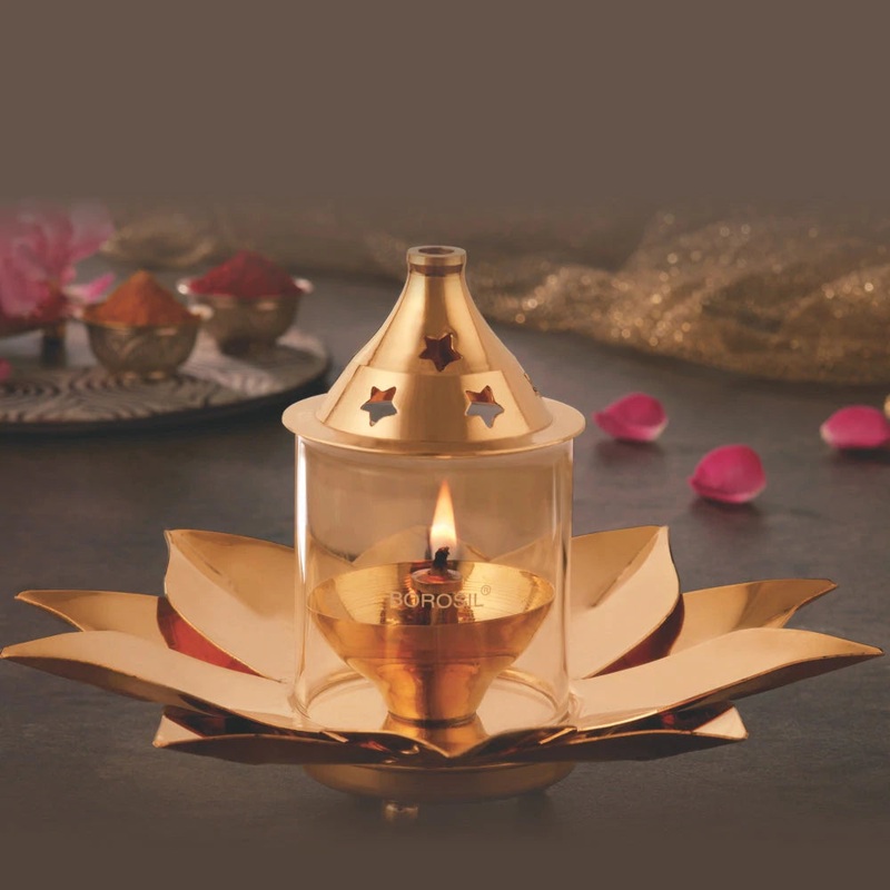 Borosil Brass Kamal Small Akhand Diya | Golden