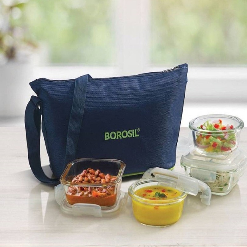 Borosil Microwavable Klip-N-Store Daisy 4 Containers Borosilicate Glass Lunch Box | Set of 4 Pcs