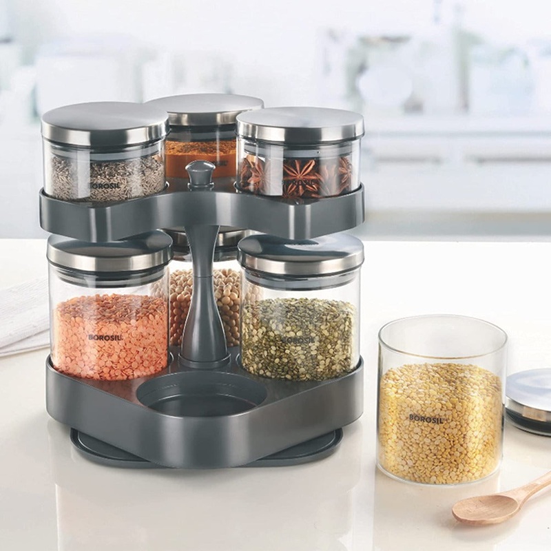 Borosil Spin N Store Tray With 7 Classic Glass Jar | Transparent | Set of 8 Pcs