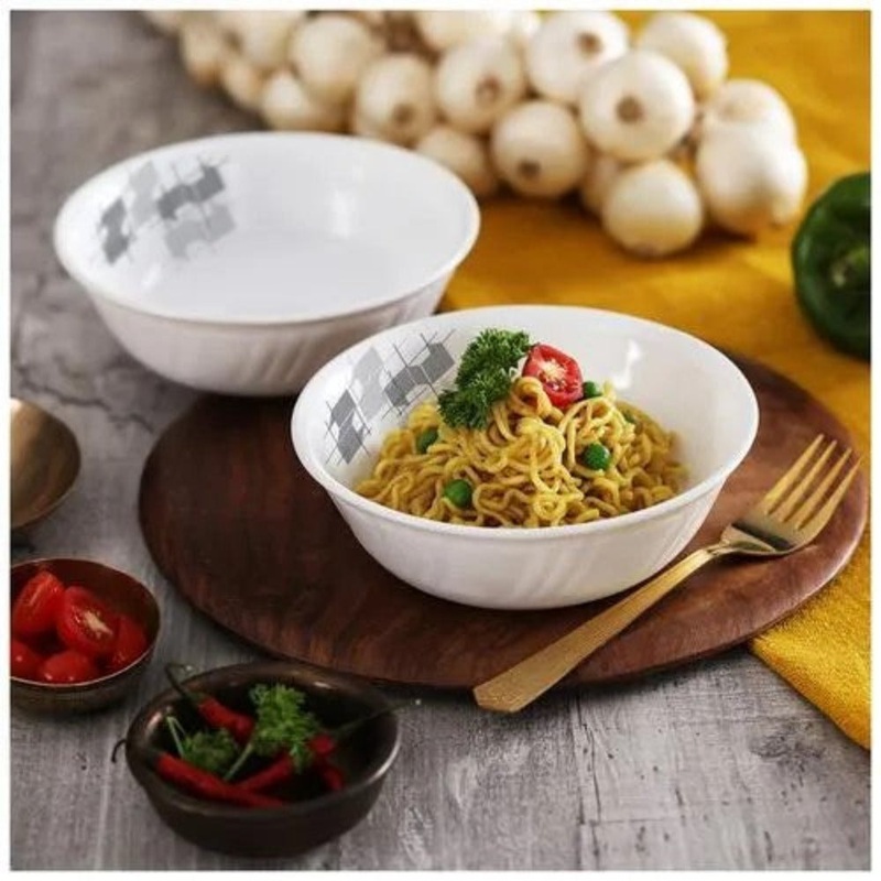 Cello Dazzle Noodle Linear Glaze Multipurpose Bowl Set | White | Set of 2 Pcs