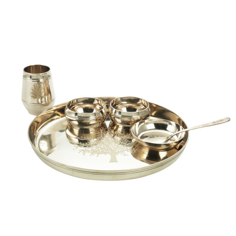 LaCoppera 6 Pcs Bronze Dinner Thali Set | Kansa Set | 6-Piece Kansa Dinner Set | 1 Plate (Thali), 2 Bowls, 1 Glass, 1 Sweet Dish/Halwa Plate, 1 Spoon | Authentic Indian Dining Collection | A Thought Gift Idea