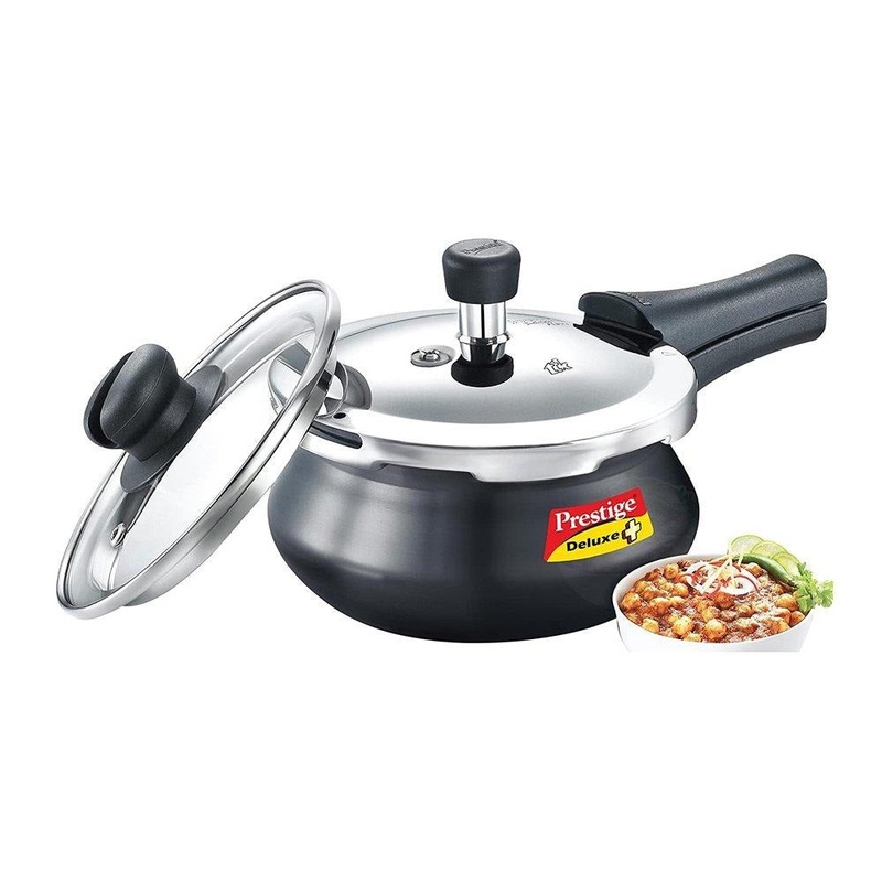 Prestige Deluxe Duo Plus Hard Anodised Handi Pressure Cooker with Glass Lid and 1 Stainless Steel Lid | Black