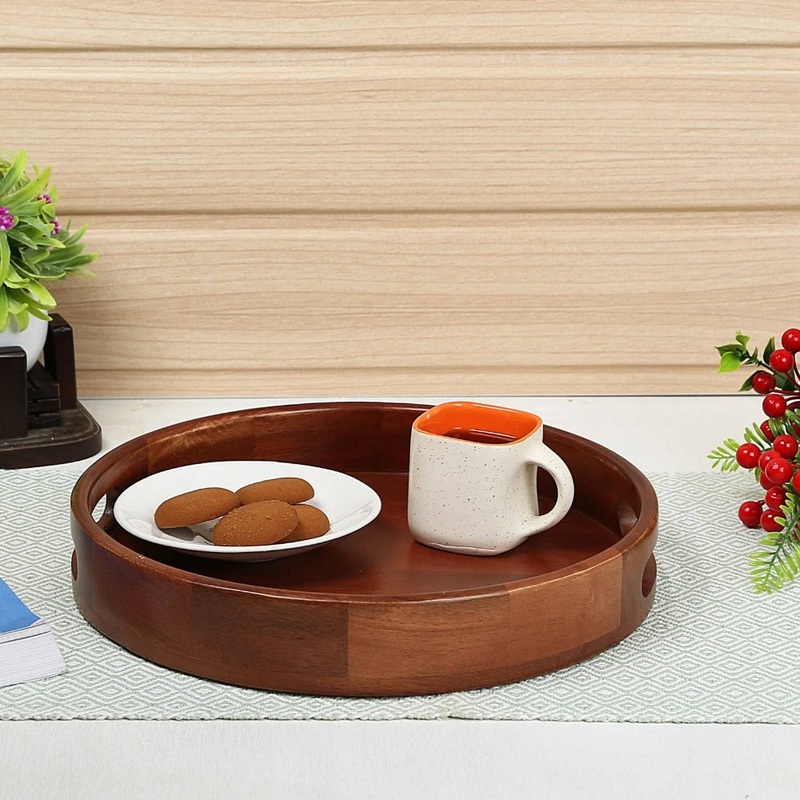 Softel Classic Round Wooden Tray for Serving, Dining Table Organizer, Serving Tray, Trays for Decoration | Mango Wood