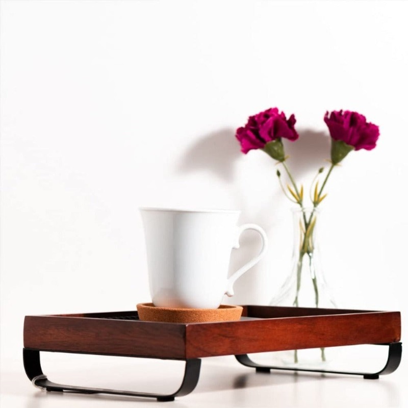 Softel Mahogany Finish Wooden Serving Tray | Handcrafted Mango Wood Tray with Metal Legs | Elegant Appetizer Platter for Snacks and Beverages