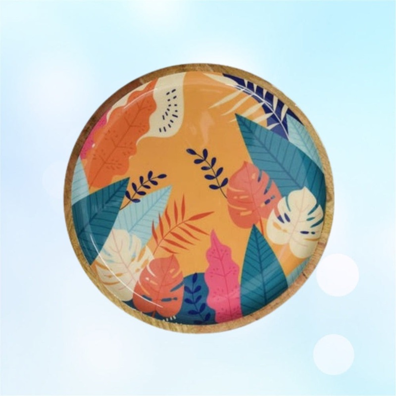 Softel Wooden Round Serving Platter / Dish for Serving Snacks, Chips, Salads | Appetizer Charcuterie Board, Tray Organizer for Kitchen/Countertop