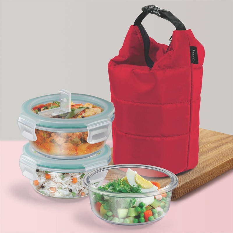 Treo Swag Borosilicate Round Glass Tiffin Box with Jacket | Transparent
