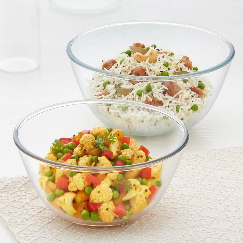 Borosil 500 ML + 1300 ML Mixing & Serving Bowl Set | Transparent | Set of 2 Pcs