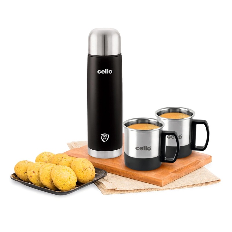Cello Duro Classic Vacusteel Flask with Mugs Gift Set | Leak-Proof Design with DTP Coating | Ideal for Coffee, Tea, Hot Chocolate, or Iced Beverages | 3 Unit | Black , Green