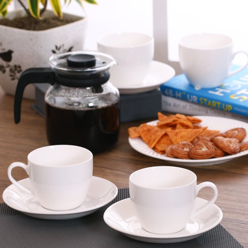Clay Craft Basic Ceramic Cup & Saucer Set | White | Set of 12 Pcs