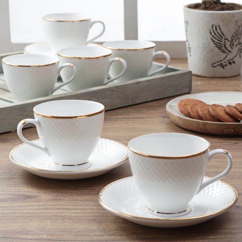 Clay Craft Ceramic Diamond 22k Gold Line Cup & Saucer Set | 210 ML | White | Set of 12 Pcs