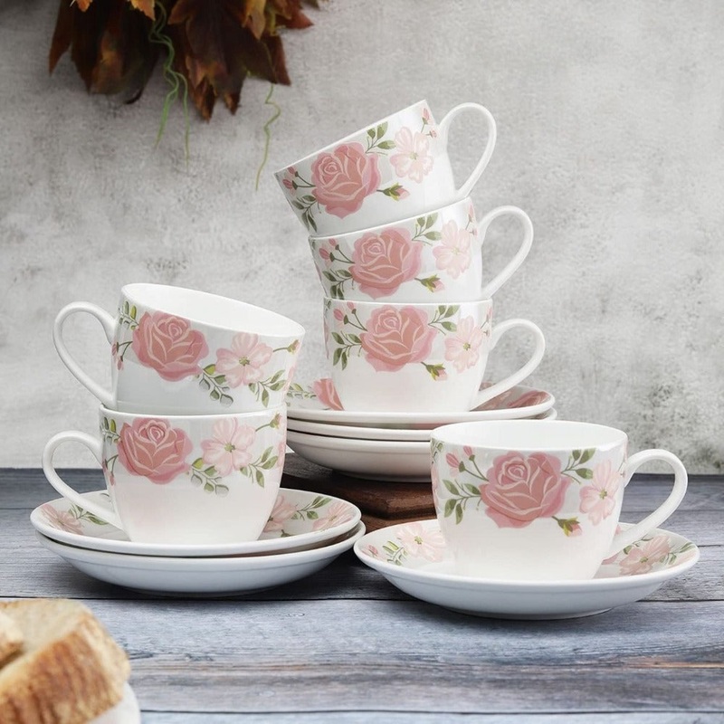 Clay Craft Ceramic White Pink Floral White Pink Floral Cup & Saucer Set | 210 ML | Set of 12 Pcs