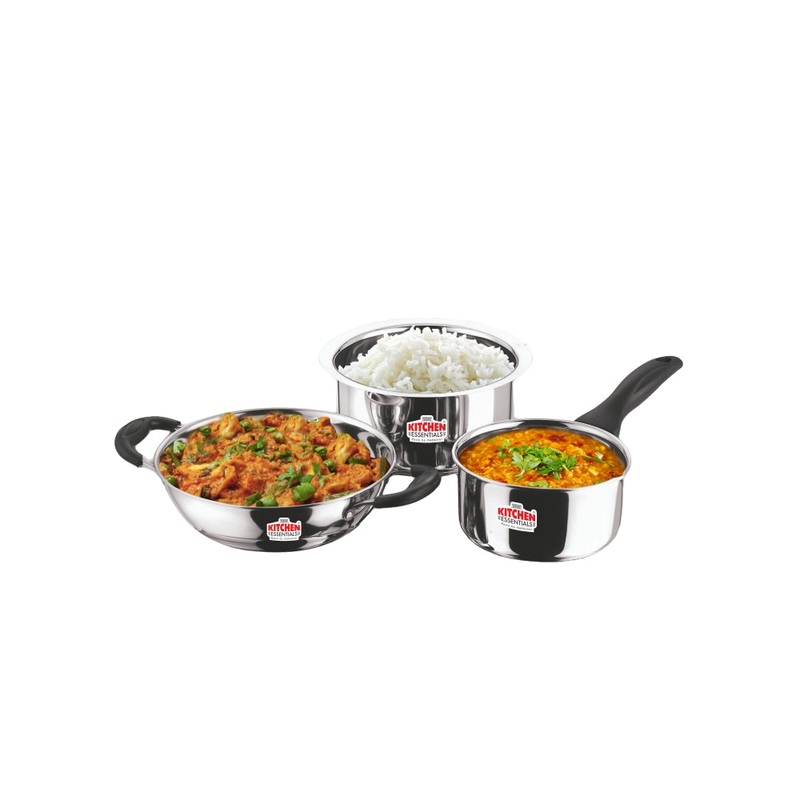 Kitchen Essentials Master Induction Base Stainless Steel Cookware Set (Kadai + Tasla + Sauce Pan) | Set of 3 Pcs