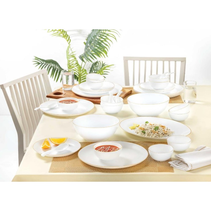 Larah by Borosil Gold Line Kohinoor Series Opalware Dinner Set | Set of 45 Pcs