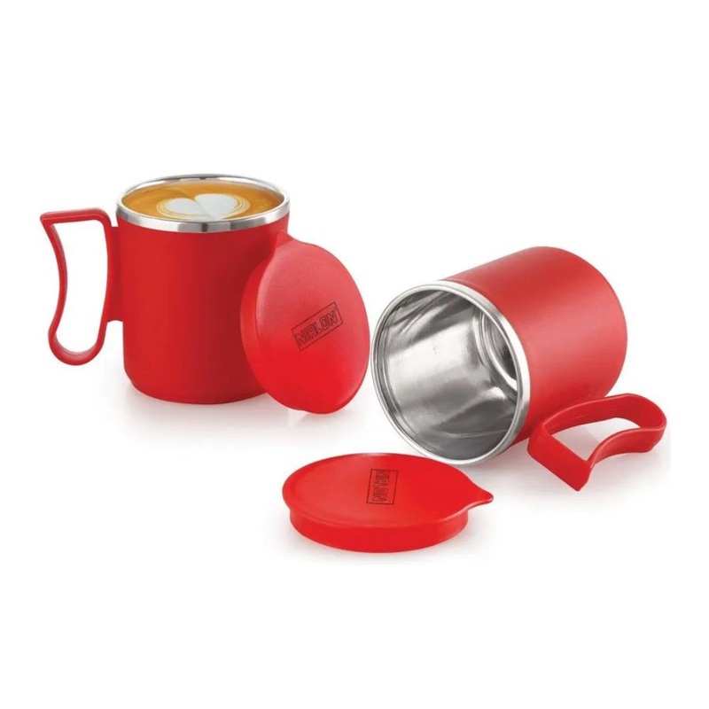Nirlon Nelcon Flute 300 ML Double Wall Plastic Stainless Steel Tea Coffee Mug with Lid | Set of 2 Pcs
