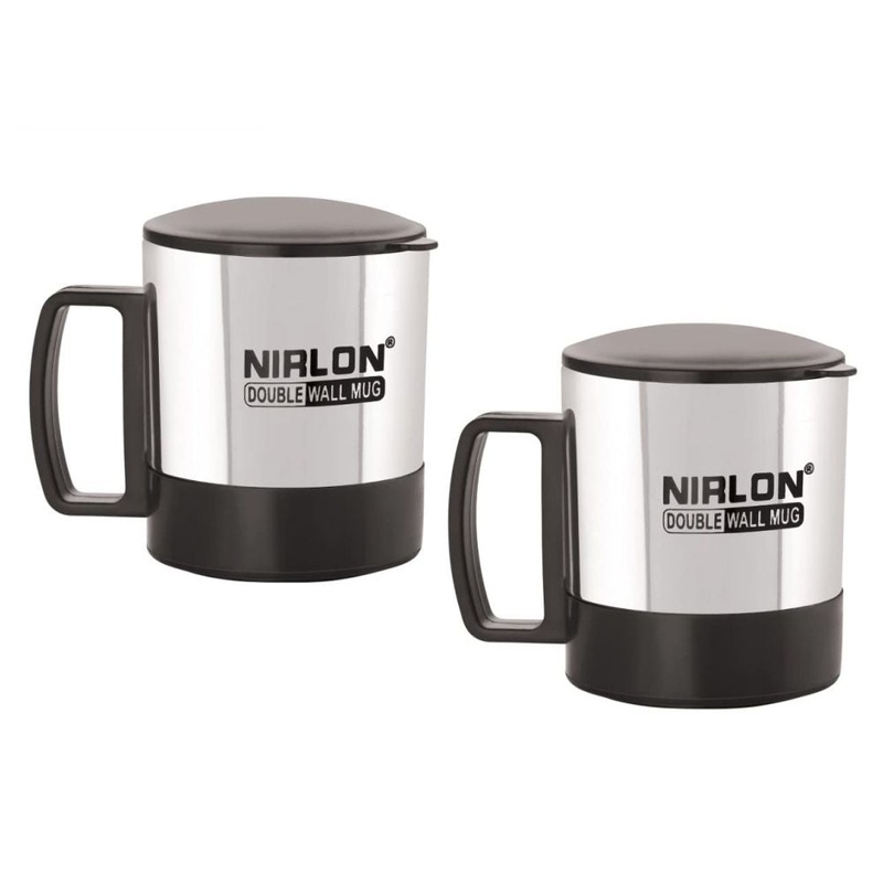 Nirlon Nelcon OXY 170 ML Double Wall Plastic Stainless Steel Tea Coffee Mug with Lid | Set of 2 Pcs