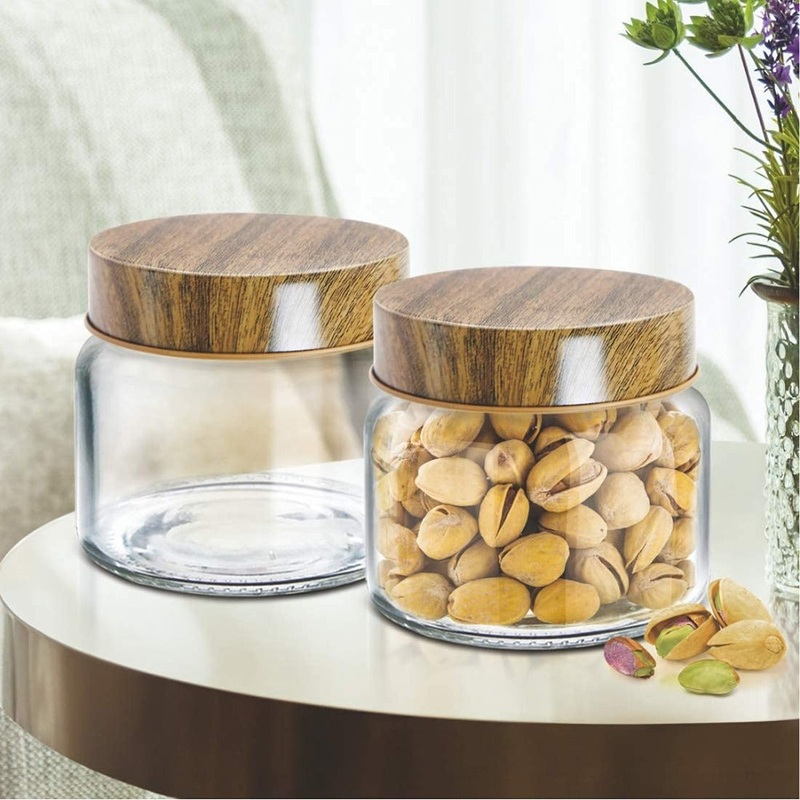 Treo Borosilicate 300 ML Round Storage Jar with Wooden Lid | Transparent | Set of 2 Pcs