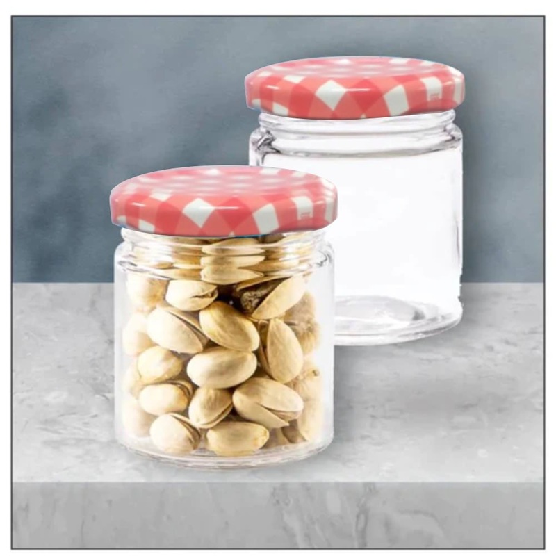 Yera Lucia 200 ML Glass Storage Jar with Checked Lid - Leak Proof | Transparent | Set of 4 pcs