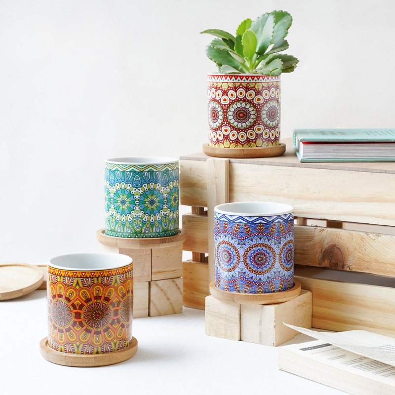 Artful Garden Ceramic Planter With Coaster Set Of 4