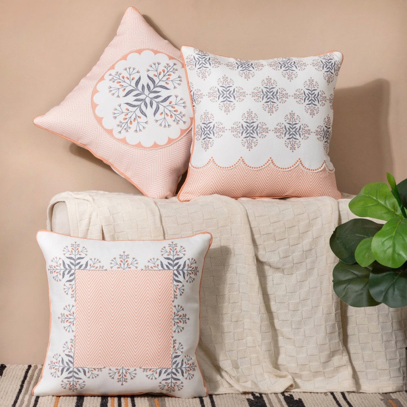 Faenza Handwork Cushion Cover Set Of 3 Peach 16 x 16 Inch