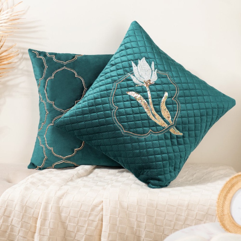 Floral Embroidered Cushion Cover Set Of 2 Green 16 x 16 Inch