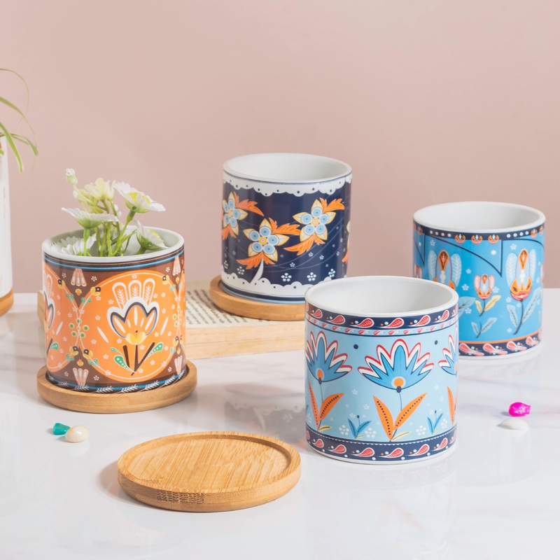 Floral Fantasy Ceramic Planter With Coaster Set Of 4