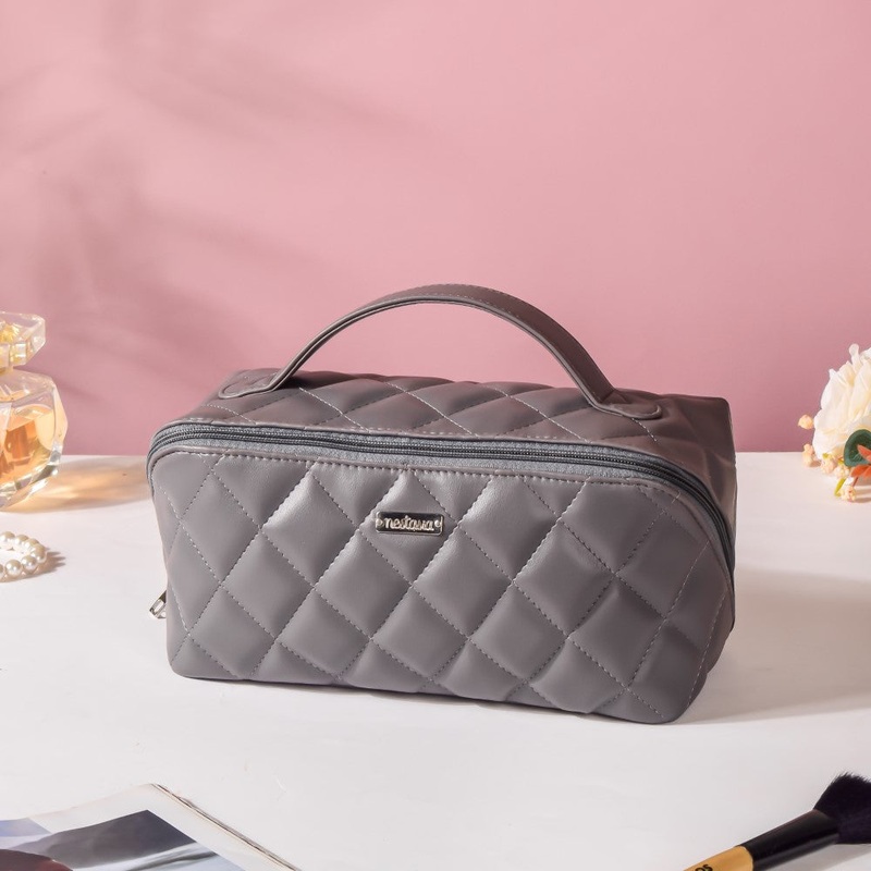 Makeup Pouch Large Capacity Quilted Grey