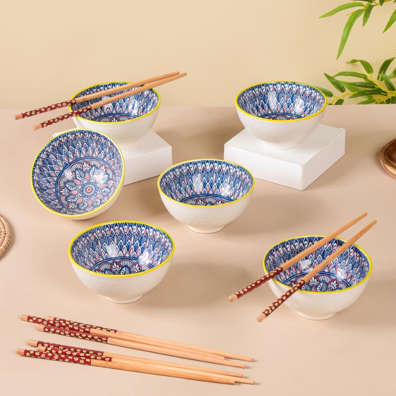 Mandala Ceramic Bowl And Chopstick Multicolour Set Of 6
