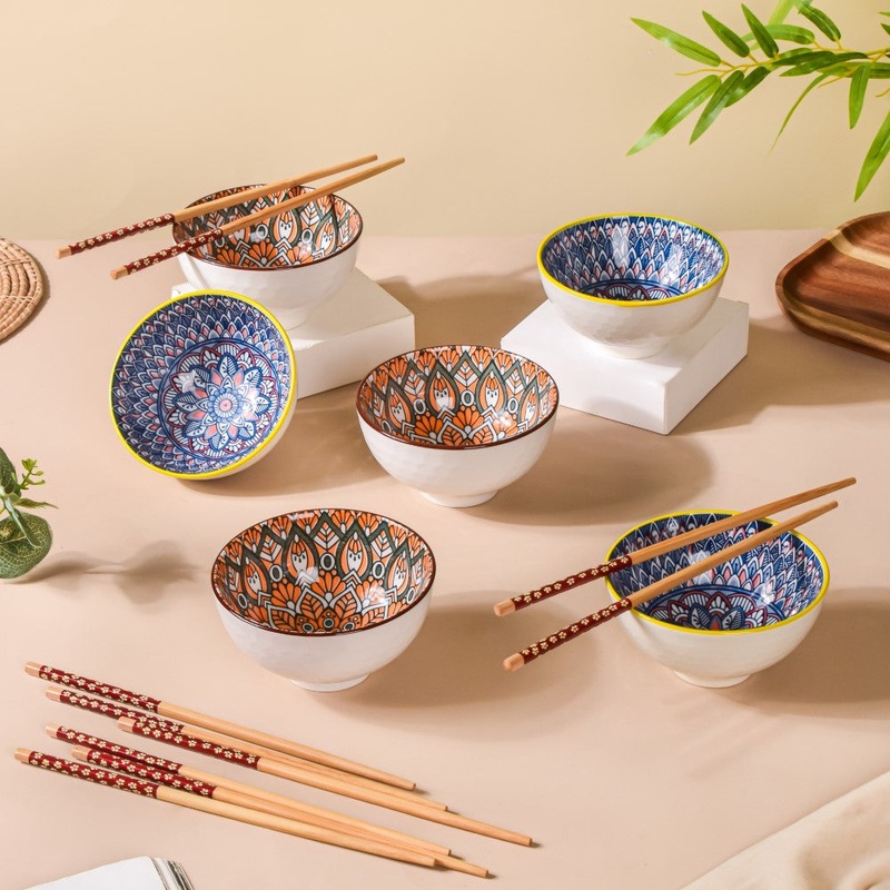 Mandala Snack Bowl & Chopstick Multicolour Set Of 6