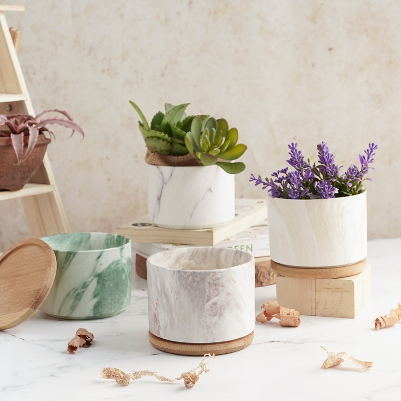 Marbleous Ceramic Flower Planter With Coaster Set Of 4