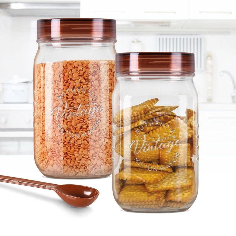 Milton Vintage 2000 ML Airtight Storage Jars with Spoons | Transparent | Set of 2 Pcs