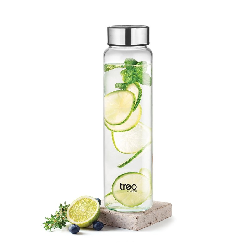 Treo By Milton Clearvue Borosilicate Glass Water Bottle, Wide Mouth, 1000 ml, Transparent, Fridge Bottle, 1 Piece, Suitable for Hot & Cold Beverages, Milk, Lassi, Juices