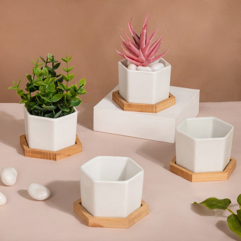 White Ceramic Planter Hexagon Set Of 4