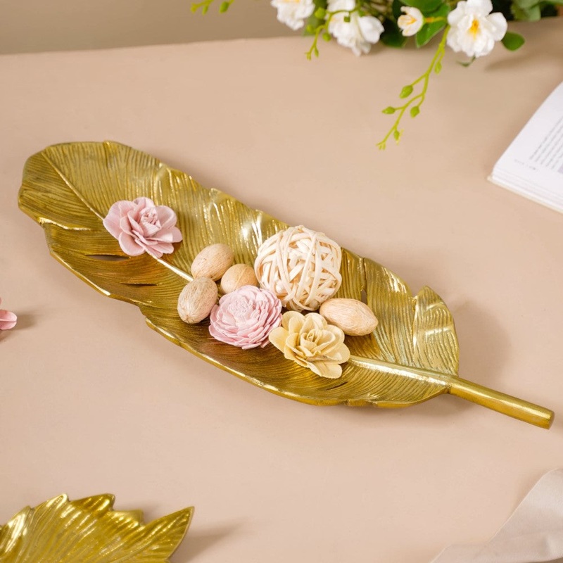 Feather Decorative Platter Tray Gold 18 Inch
