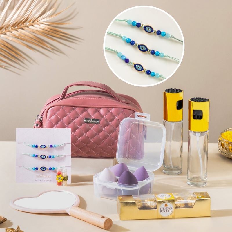 Rakhi Gift Set Of 7 For Sister With Makeup Bag