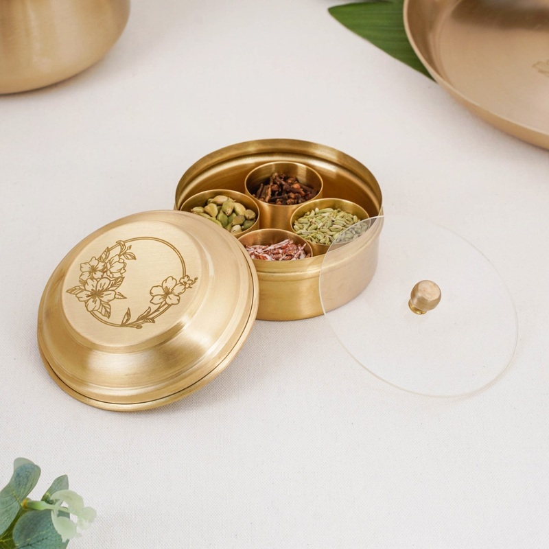 Brass Hibiscus Mukhwas Box with Lid  Traditional Spice Storage Container