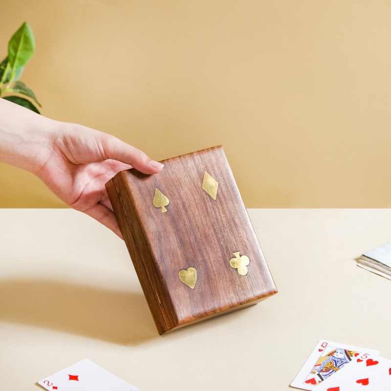 Handcrafted Wooden Box With Set Of 2 Playing Cards