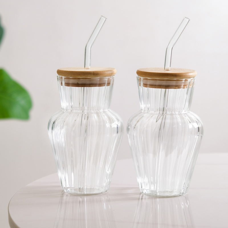 Milkshake Glass Tumbler With Lid And Straw Set Of 2 450ml