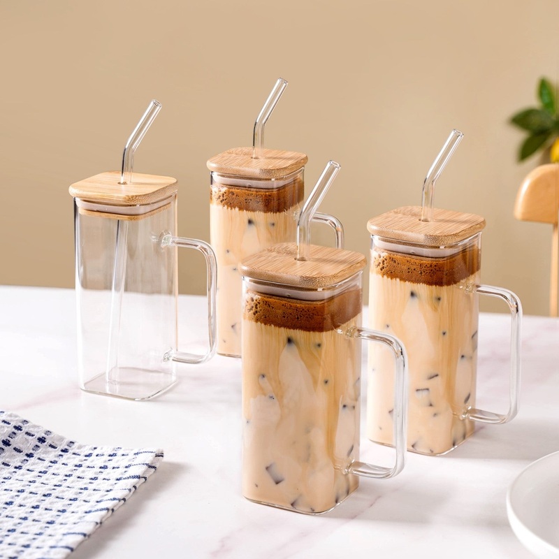 Tall Square Glass Sipper Set Of 4 With Glass Straw 400ml