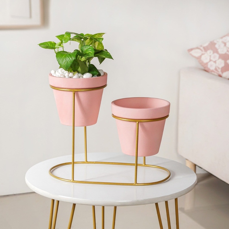TerraDuo Decorative Planters With Two Tier Gold Stand Pink