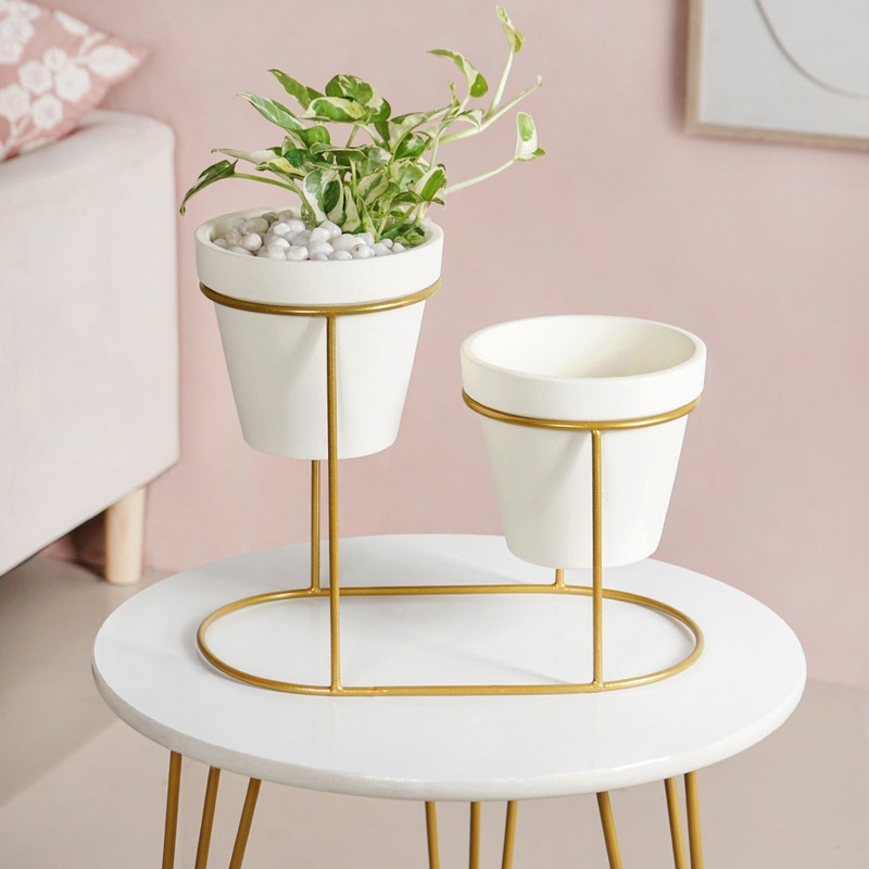TerraDuo Modern Two Tier Gold Stand With White Planters