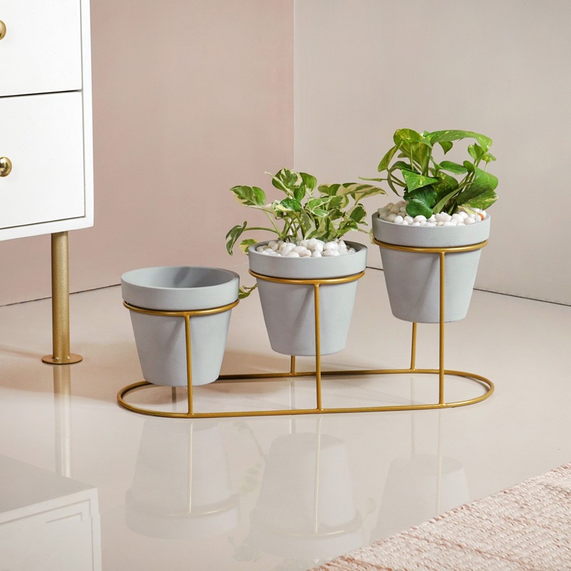 TerraGold Triple Planter With Gold Metal Stand