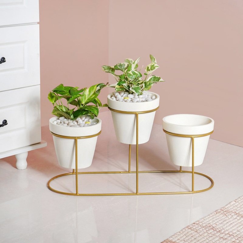 TerraTier Gold Stand With Three White Planters Off White
