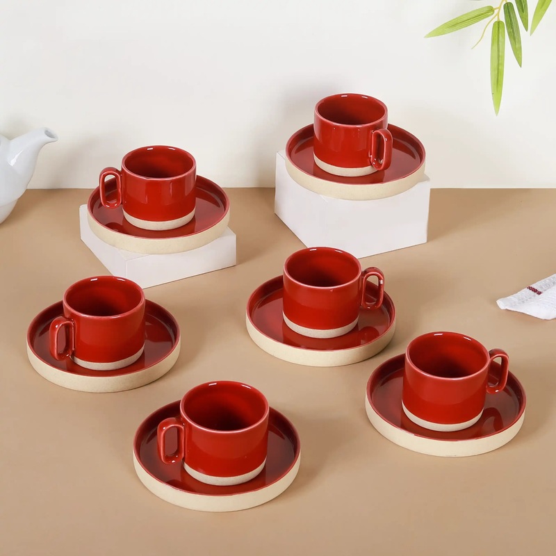 Chic Minimalist Tea Cup And Saucer Set Of 6 Maroon 100ml