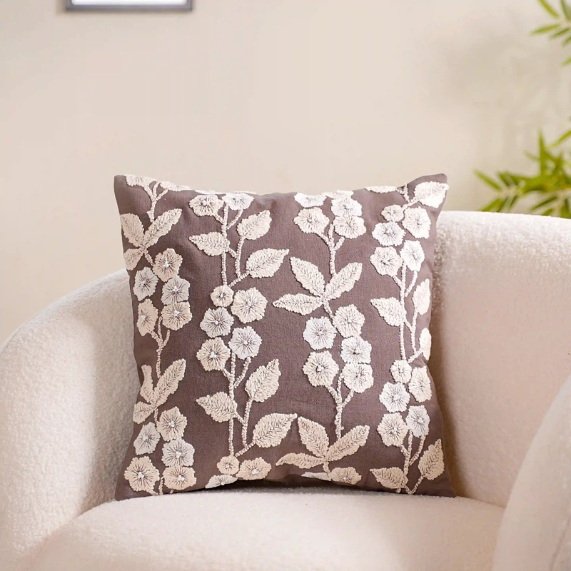 Floral Beadwork Cushion Cover Taupe 16x16 Inch