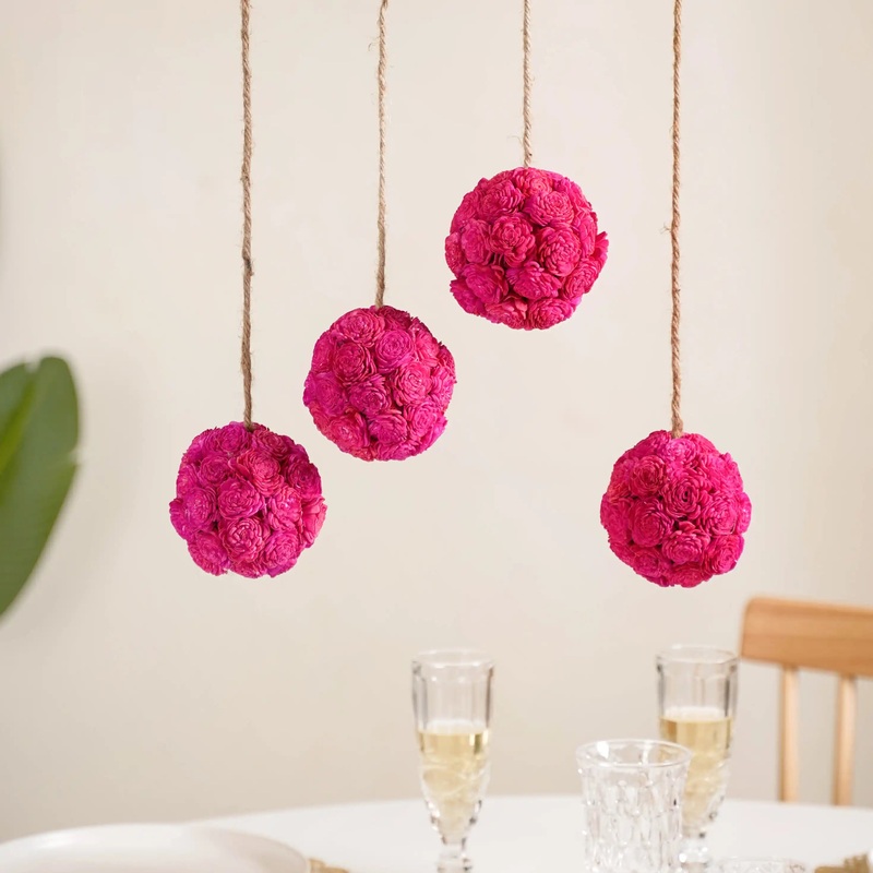 Hot Pink Flower Ball Hanging Decor Set of 4