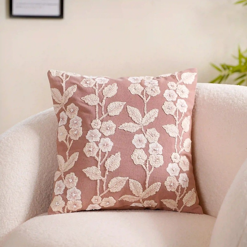 Linen Cushion Cover With Threadwork Pink 16x16 Inch