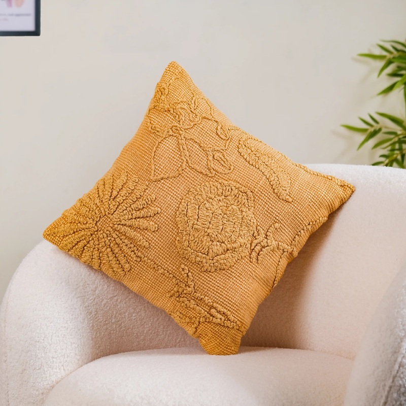 Mustard Tone On Tone Embroidered Cushion Cover 16x16 Inch